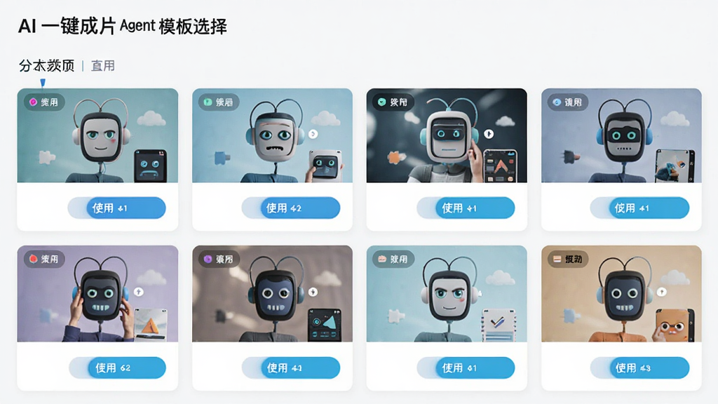 ����ΪAIһ����ƬAgentģ��ѡ����棬����Ϊ����״ģ������ͼ���У��Ű�Ϊ�����������·�����ģ�忨Ƭ�����Ϊ���������ƽ��ƣ�ϸ�ڰ���ģ������ǩ��Ԥ��Сͼ��ʹ�ð�ť�ȣ����������ɾ����޶���Ԫ��