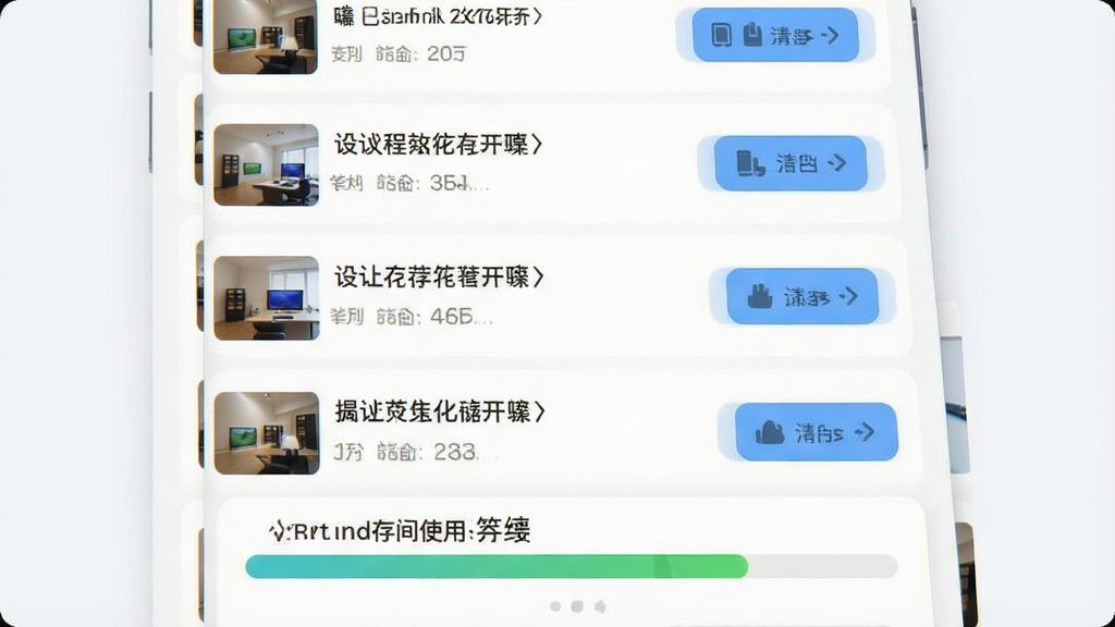 一张展示手机应用缓存管理界面的示意图,屏幕内列出多个已缓存课程条目与对应的清理按钮,页面底部有存储空间使用进度条,整体布局清晰,风格为浅色简约设计,画质干净,无多余装饰