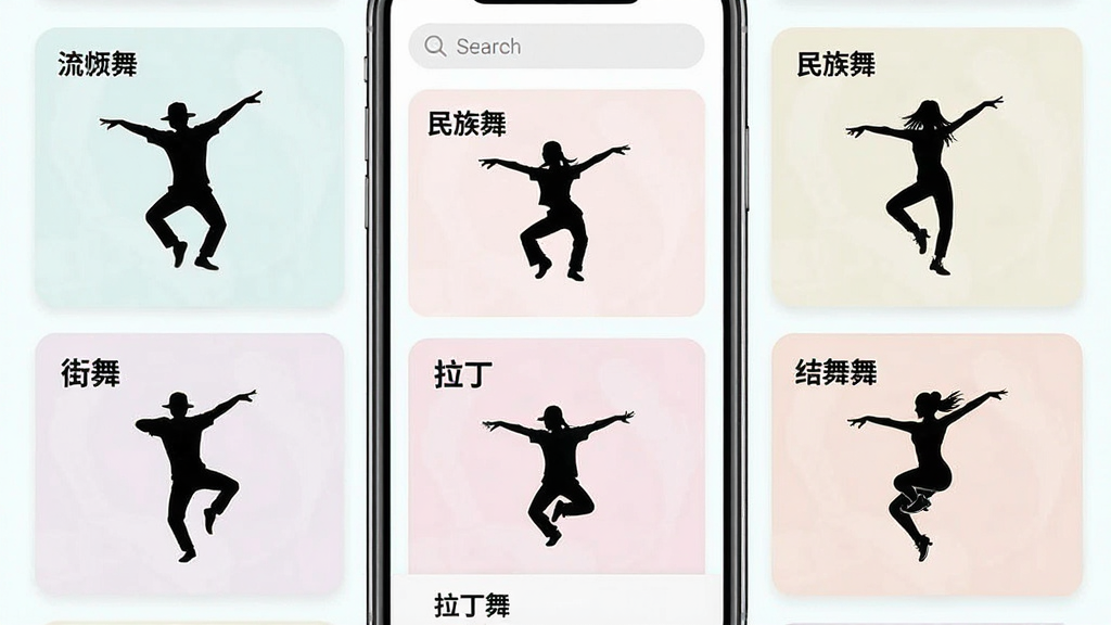一张手机应用分类页面的展示图,屏幕内呈现多个舞蹈分类卡片,卡片上分别标注流行舞、民族舞、街舞、拉丁舞等文字标签,每个卡片配有对应的舞蹈剪影插图,页面顶部有搜索栏,整体风格为清爽浅色系,布局规整,画质干净,无杂乱装饰元素