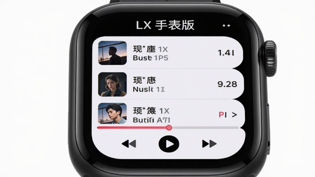 主体为智能手表显示音乐列表界面,布局为手表居中特写,排版突出屏幕内容,风格为数码产品展示风,细节包含歌曲列表与播放进度条,画质清晰干净,无多余元素,画面中屏幕内文字为“LX 手表版”
