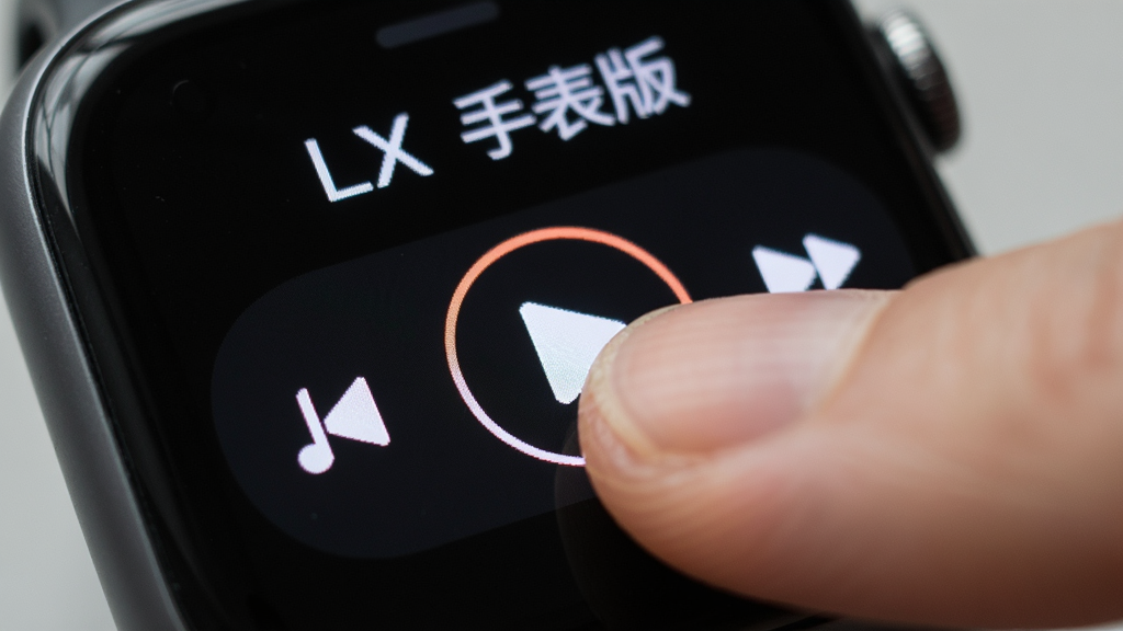 主体为手指在智能手表屏幕上点击音乐播放按钮的特写,布局为手表屏幕局部放大,排版权衡手指与屏幕交互,风格为生活使用场景写实风,细节包含指尖触控与界面按钮高亮,画质清晰干净,无多余元素,画面中屏幕内文字为“LX 手表版”