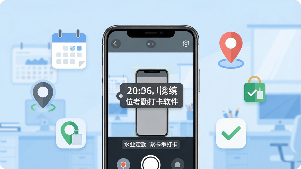 画面中心是一部智能手机,屏幕上显示水印相机定位考勤打卡软件的主界面,界面中有相机取景框和醒目的时间地点水印标签,手机周围环绕着日历图标、定位图标和打卡对勾图标,背景为简洁的浅蓝色渐变办公场景,布局居中对称,风格为现代扁平化科技插画,细节包括水印文字清晰可见、图标圆润简洁,画质高清,画面干净,无多余元素