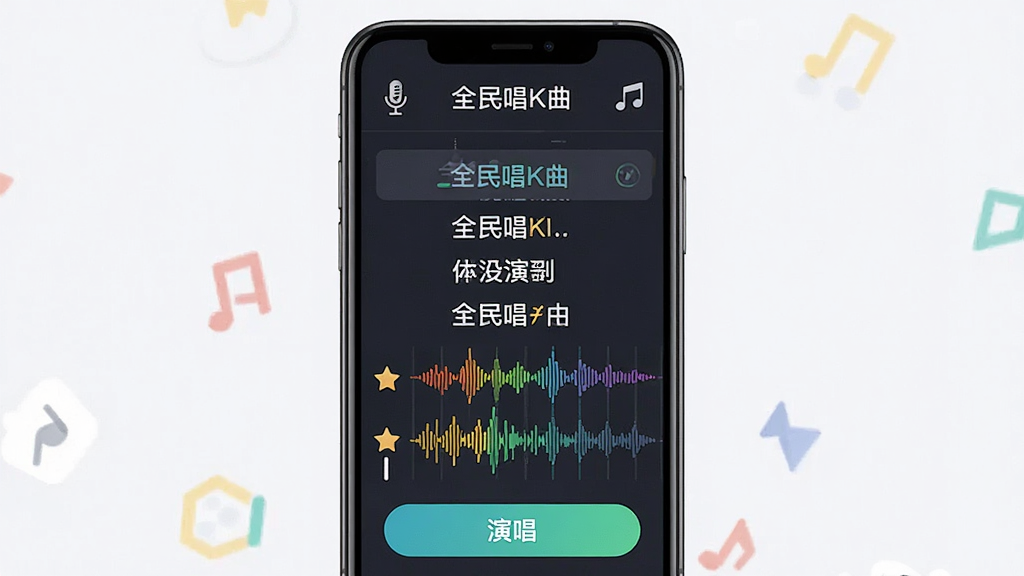 全民唱K曲 手机K歌应用界面展示,主体为手机屏幕内显示歌词滚动与伴奏波形,布局为居中竖向手机展示,排版为上下分层展示曲库列表与演唱按钮,风格为清爽现代扁平化设计,细节包含麦克风图标、彩色音轨、评分星级,画质高清干净无多余元素
