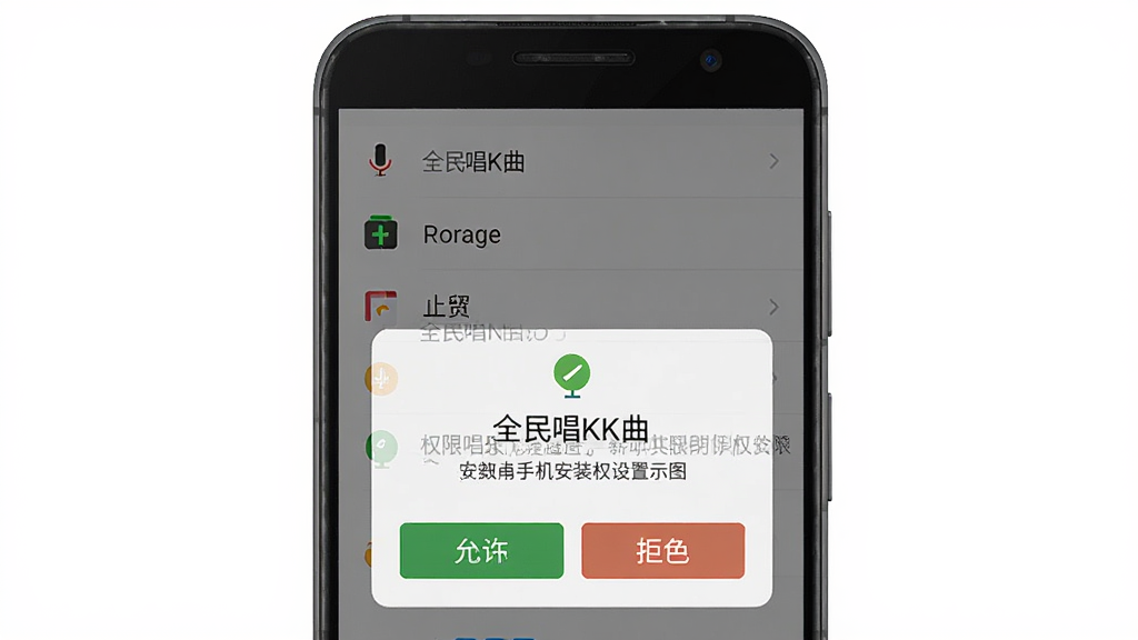 全民唱K曲 安卓手机安装权限设置示意图,主体为手机屏幕显示权限授权弹窗,布局为居中手机展示,排版为上方权限列表下方允许按钮,风格为系统设置界面写实风格,细节包含麦克风图标、存储图标、允许与拒绝按钮,画质清晰干净无多余元素