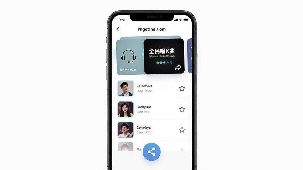 全民唱K曲 作品管理与分享界面展示,主体为手机屏幕内显示录音列表与分享按钮,布局为居中手机展示,排版为上方作品卡片下方分享图标,风格为清新简约的应用界面,细节包含耳机图标、分享箭头、收藏星标、歌单封面,画质清晰干净无多余元素