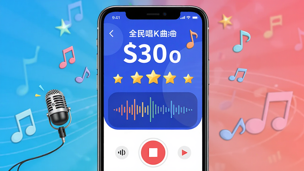 全民唱K曲 智能评分功能展示,主体为手机屏幕显示演唱得分与星级评价,布局为手机居中展示,排版为上方评分数字下方录音波形,风格为明亮活泼的娱乐应用界面,细节包含麦克风、音符、评分星星、录音按钮,画质清晰干净无多余元素