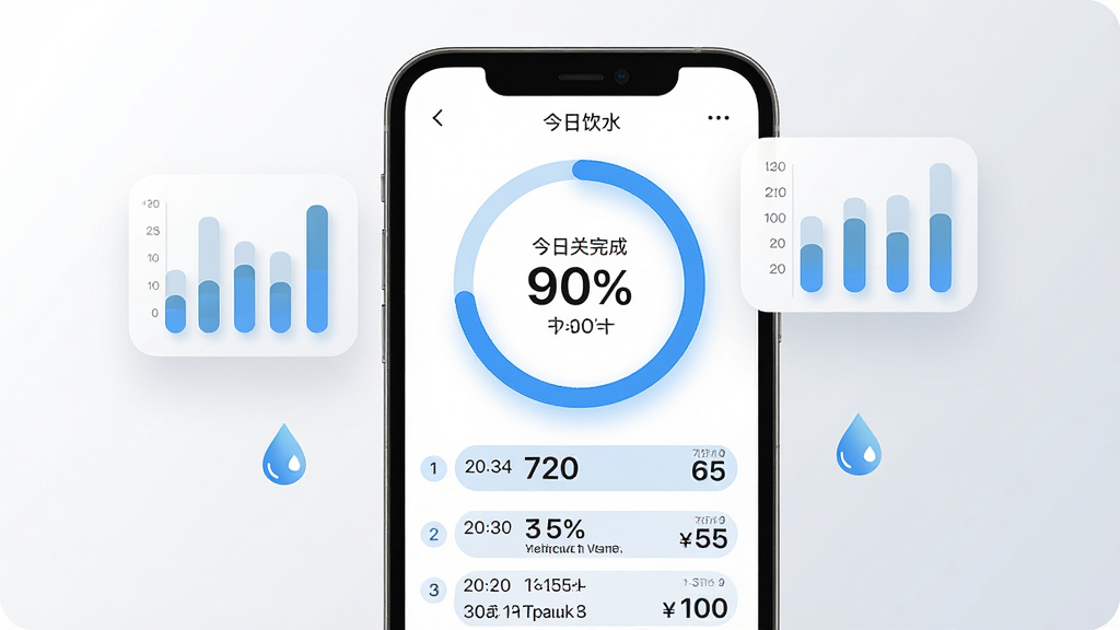 一张展示每日饮水宝饮水记录与进度追踪功能的场景图,手机屏幕中央是一个蓝色进度环显示今日完成百分比,下方排列着按时间顺序的饮水记录条目,屏幕旁边漂浮着柱状图和小水滴图标,背景为白色到浅灰的柔和过渡,风格清爽数据可视化,细节包括清晰的数字标签和圆角进度条,画质高清,画面干净,无多余元素