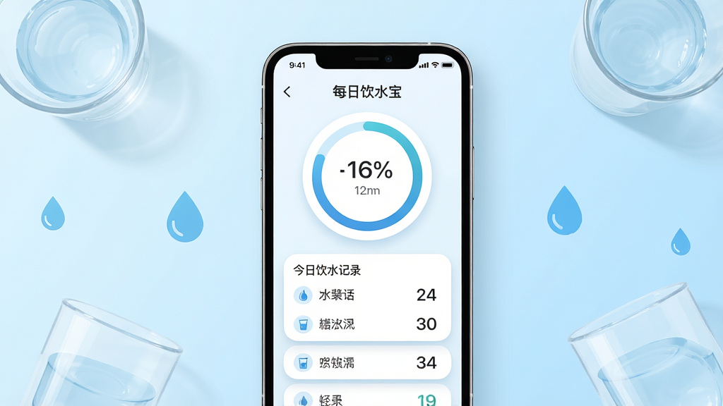 一张手机屏幕展示每日饮水宝应用主界面的场景图,画面中央是一部竖放的智能手机,屏幕上显示着水位进度环和今日饮水记录列表,手机周围点缀着几个透明水杯和蓝色水滴图标,背景为浅蓝色渐变,整体布局简洁居中,风格清新扁平化,细节包括圆角卡片、柔和阴影和清晰的数据数字,画质高清,画面干净,无多余元素
