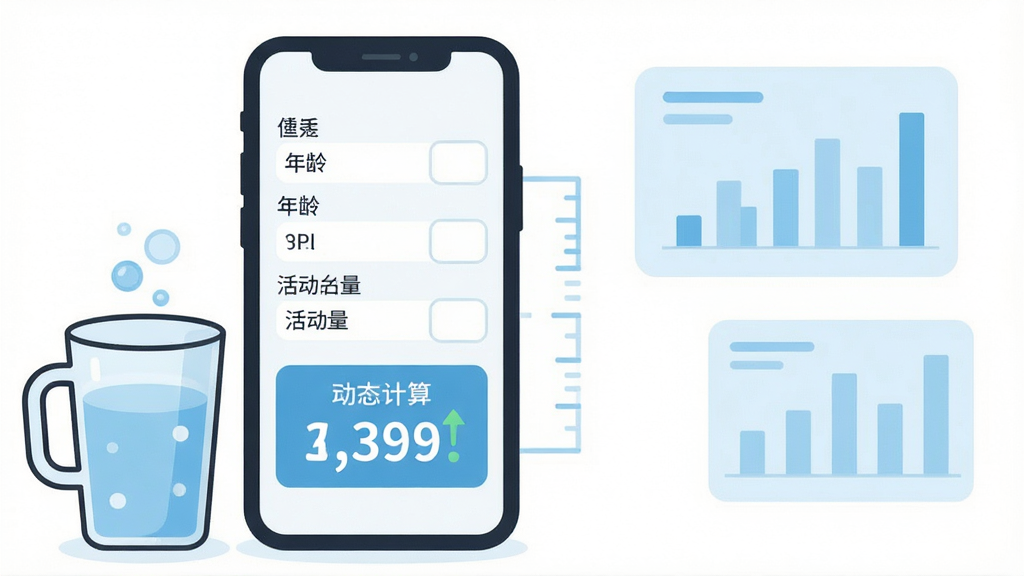 一张展示每日饮水宝智能计算界面的场景图,画面中手机屏幕显示体重、年龄、活动量三个输入项和一个动态计算出的饮水量数字,旁边配有卡通风格的水杯和刻度线,主体位于画面中央偏左,右侧留白处点缀淡蓝色数据图表元素,风格为现代简约扁平插画,细节清晰,画质干净,无多余元素