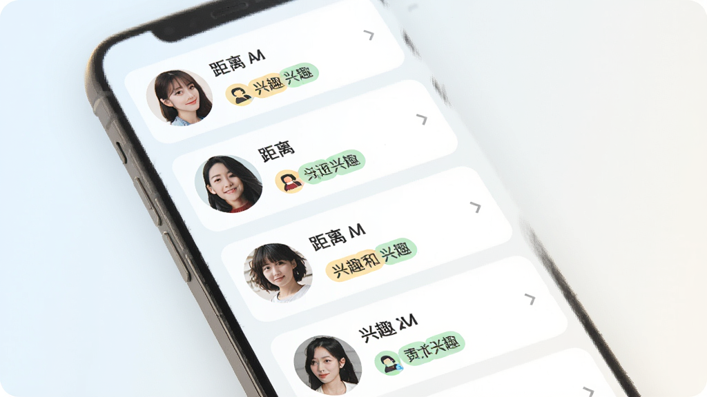 手机界面展示同城蜜约会附近用户推荐列表,多个用户头像卡片纵向排列,卡片上标注距离与兴趣标签,背景为浅色渐变,风格简洁明快,布局清晰有序,画质干净无杂乱元素