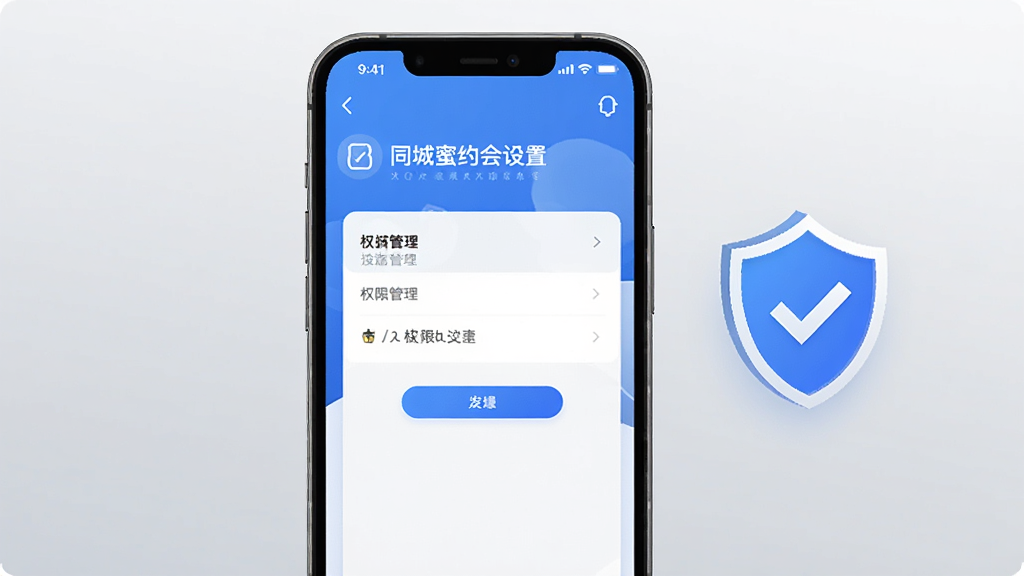 手机屏幕展示同城蜜约会设置页面与权限管理界面,旁边配有盾牌图标象征安全防护,背景为浅灰渐变,风格简约,布局清晰,画质干净