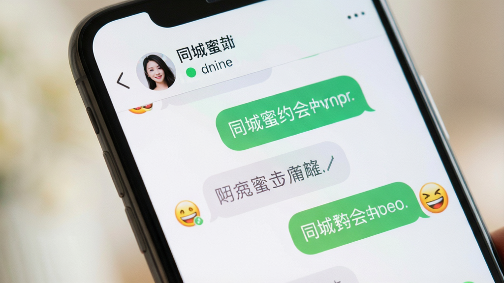 手机聊天界面特写,同城蜜约会对话窗口内展示文字气泡与表情图标,顶部显示对方昵称与在线状态,背景柔和,风格清爽,布局规整,画质细腻干净