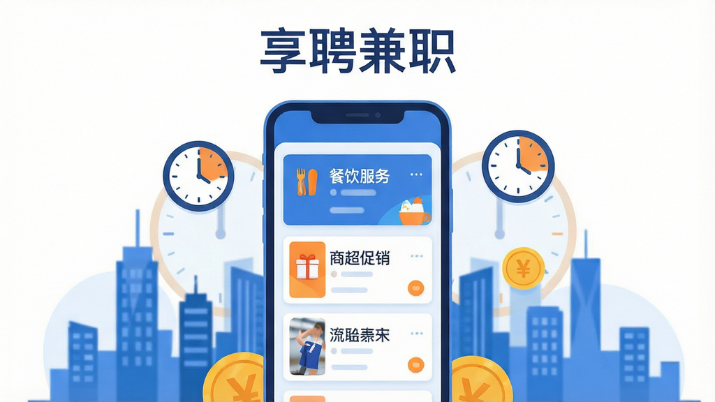 画面主体为一部竖屏智能手机,屏幕中展示兼职岗位列表界面,包含餐饮服务、商超促销等岗位卡片,手机周围环绕城市剪影、时钟、金币等简洁图标,布局为居中构图,上方留白放置软件名称“享聘兼职”,整体风格为扁平化插画,色彩以蓝色和橙色为主,细节干净利落,画质清晰,无多余元素