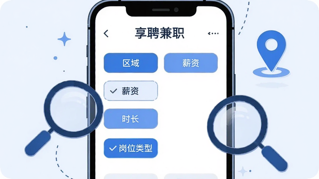 画面主体为手机屏幕特写,展示享聘兼职的筛选面板界面,包含区域、薪资、时长、岗位类型等选项按钮,旁边配以放大镜与定位图标,布局为居中构图,风格为简洁UI插画,色彩以蓝白为主,细节清晰,画质干净,无多余元素