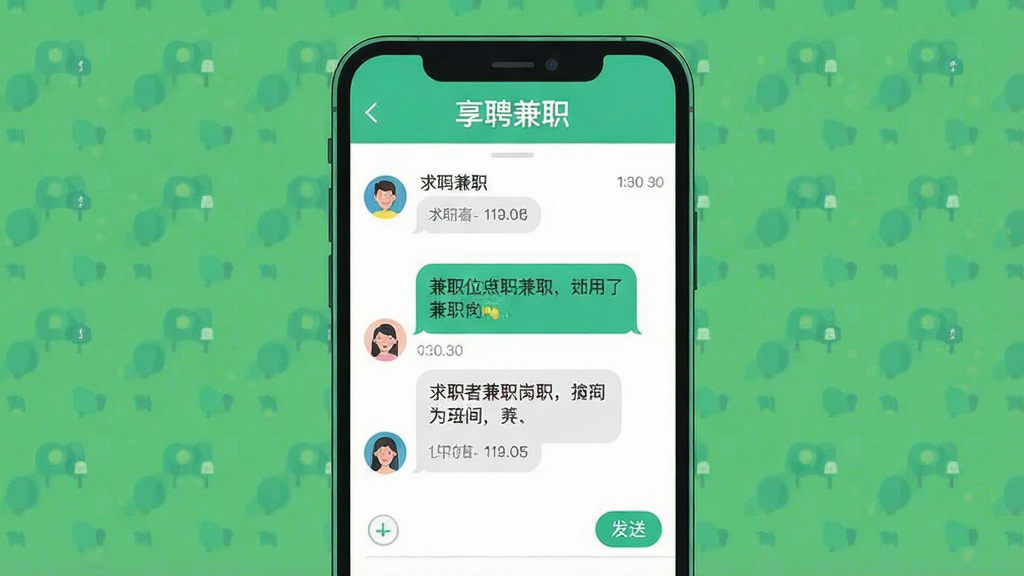 画面主体为手机聊天界面示意图,对话气泡中显示求职者与招聘方关于兼职岗位的问答内容,界面顶部标注“享聘兼职”字样,布局为居中展示聊天窗口,风格为扁平化UI插画,细节包含头像、时间戳、发送按钮等元素,画质清晰,干净整洁