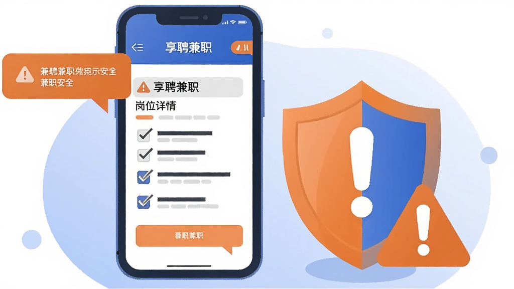 画面主体为一部手机屏幕显示享聘兼职的岗位详情页面,旁边放置一个盾牌图标与感叹号提示标识,布局为手机与安全图标左右组合,风格为简洁警示类插画,色彩以蓝色和橙色为主,细节包含勾选列表与提示气泡,画质清晰,干净无多余元素