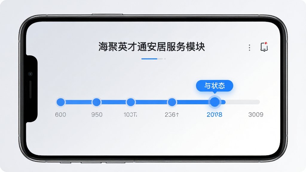 一张展示海聚英才通安居服务模块的手机界面图,主体为手机屏幕内呈现服务办理进度条与状态标签;布局为手机居中、进度条横向贯穿屏幕中部,背景为浅灰到白的柔和渐变;风格为商务简约风,细节处进度节点用蓝色圆点标注、当前步骤高亮显示;画质高清、干净、无多余元素