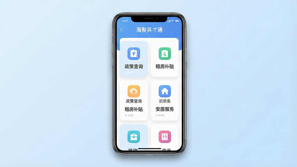 一张手机屏幕展示海聚英才通应用主界面的场景图,主体为居中放置的智能手机,屏幕内呈现人才服务卡片式布局,包含政策查询、租房补贴、安居服务等入口图标;布局采用左右留白、手机居中构图,背景为浅蓝渐变纯色;风格为现代扁平化UI展示风格,细节处手机边框带轻微阴影、屏幕内图标圆角统一、文字清晰;画质高清、干净、无多余元素