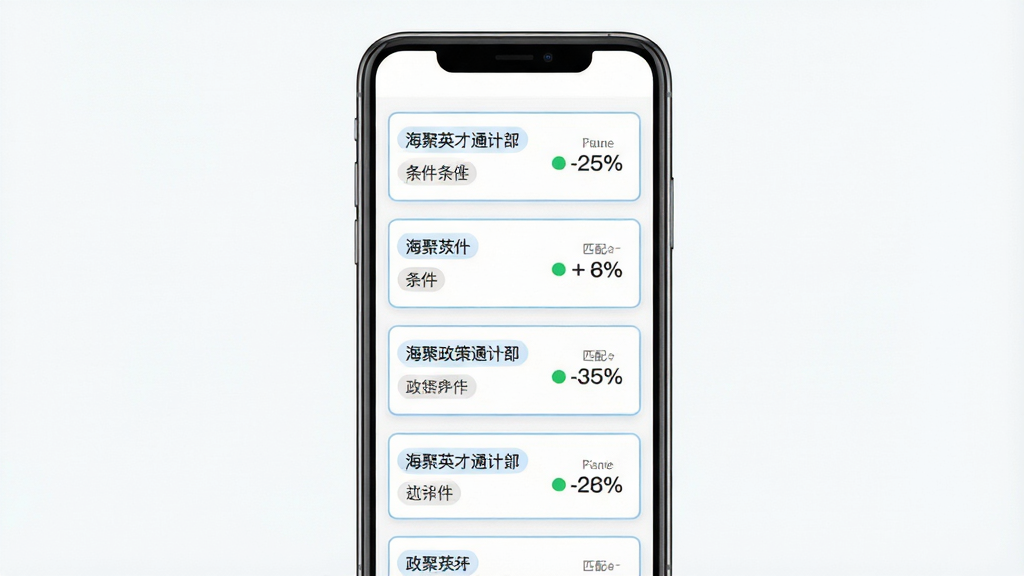 一张展示海聚英才通政策匹配功能界面的示意图,主体为手机屏幕内呈现政策卡片列表,每张卡片标注条件标签与匹配度百分比;布局为手机居中、卡片纵向排列,背景为纯白底色配浅灰分割线;风格为清爽简约的移动端UI风格,细节处卡片带淡蓝边框、匹配度用绿色圆点标识;画质高清、干净、无多余元素