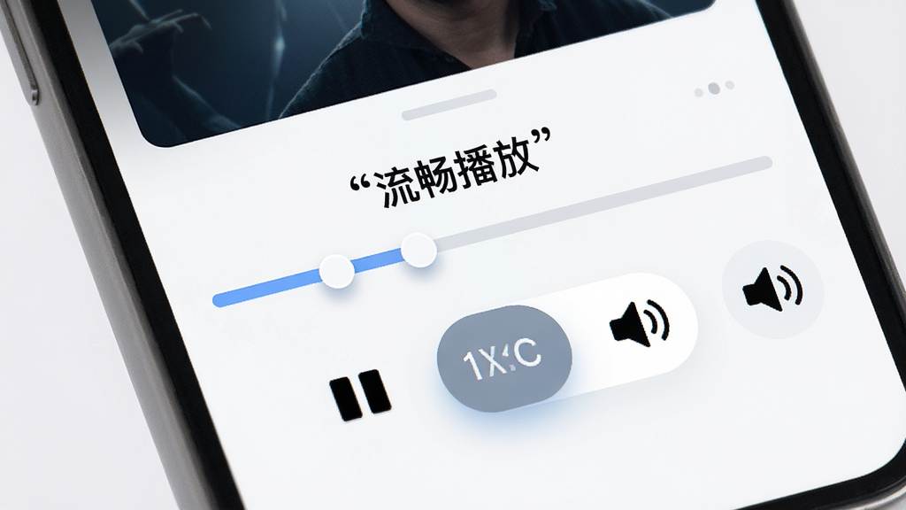 画面主体为手机播放器界面的局部放大图,界面中清晰展示播放进度条、清晰度切换按钮与音量图标,进度条上方用引号标注“流畅播放”字样,布局为横向延展的界面截图风格,风格为简约现代 UI 展示,细节包括按钮的圆角与阴影层次,画质清晰,画面干净无多余元素