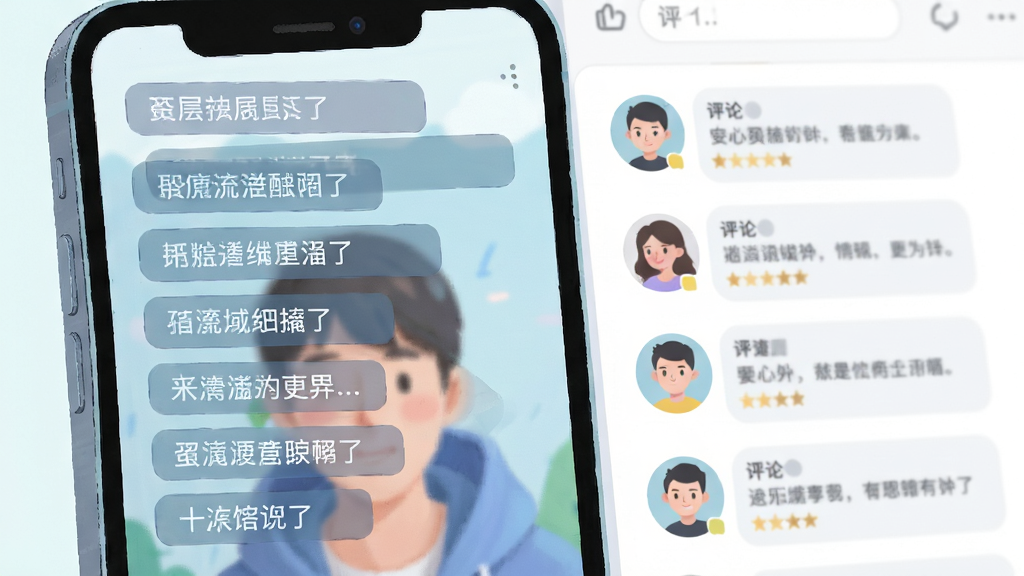 画面主体为手机屏幕中视频画面上方飘过数条弹幕文字,屏幕右侧显示评论区列表,布局为左右分栏的界面示意,风格为清新明快的数码界面插画,细节包括弹幕文字的半透明底色与评论头像的圆形裁切,画质清晰,画面干净无多余元素