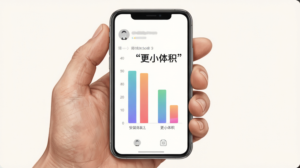 画面主体为一只手掌托起一部手机,手机屏幕显示安装包体积对比条形图,图中用引号标注“更小体积”字样,布局为居中俯视构图,风格为柔和写实插画,细节包括手掌的皮肤纹理与屏幕上的条形图渐变配色,画质清晰,画面干净无多余元素