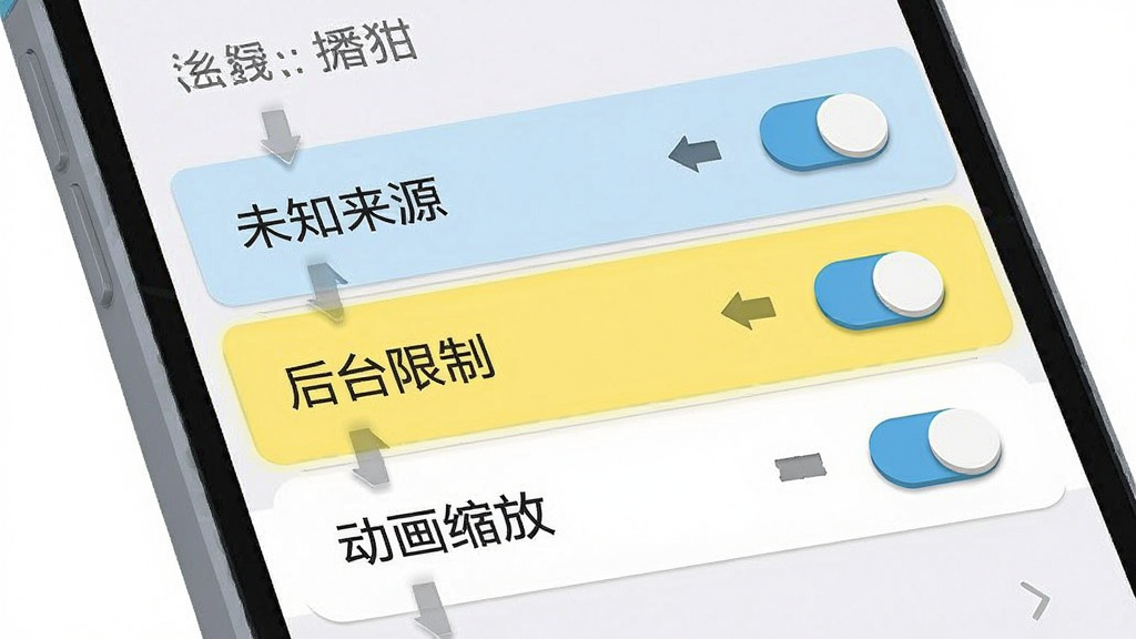 画面主体为一部手机屏幕显示设置界面,界面中高亮标注“未知来源”“后台限制”“动画缩放”三个设置项,旁边配有小箭头指示,布局为纵向列表式界面展示,风格为清爽的扁平 UI 示意图,细节包括设置项的文字排版与开关按钮的立体感,画质清晰,画面干净无多余元素