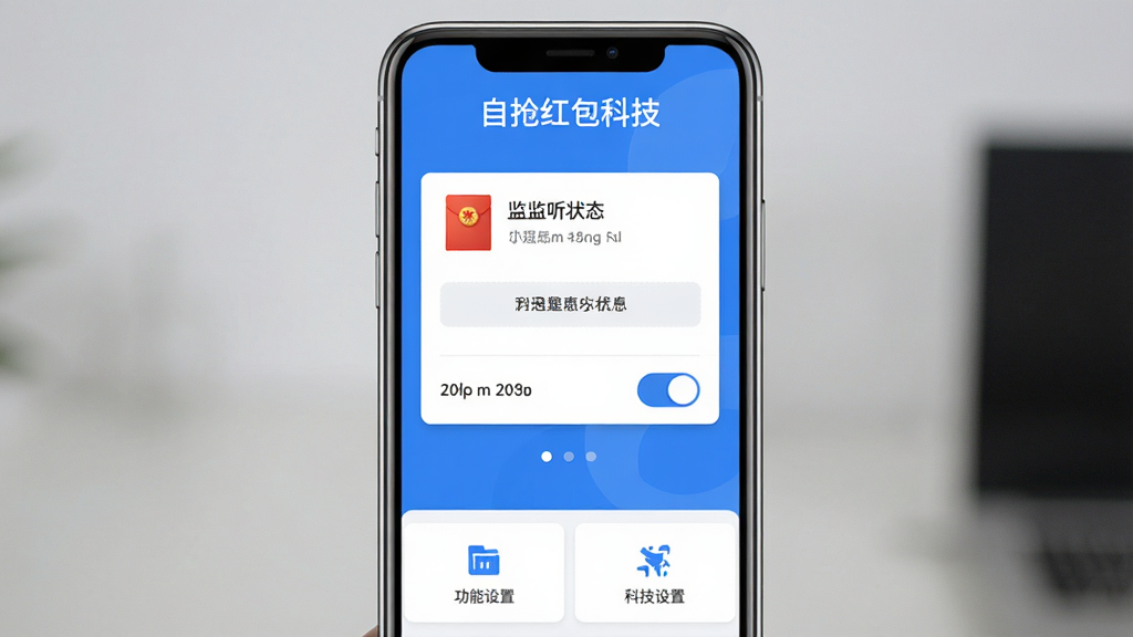 自抢红包科技软件主界面展示,手机屏幕居中放置,界面顶部显示软件名称