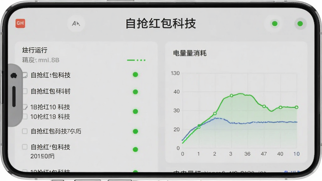 自抢红包科技后台运行状态界面,手机屏幕展示运行日志列表与电量消耗曲线图,界面标注