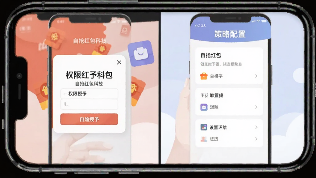 自抢红包科技移动端设置流程示意,手机屏幕分屏展示权限授予页面与策略配置面板,界面中包含