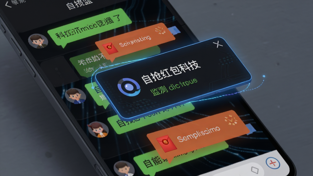 自抢红包科技智能监听功能示意,手机屏幕显示聊天列表与红包消息气泡,界面中悬浮