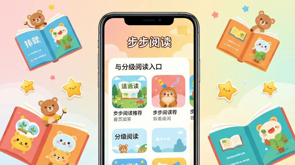 画面主体为一款名为“步步阅读”的儿童阅读软件界面展示,布局采用居中大屏手机样机展示首页绘本推荐与分级阅读入口,周围环绕翻开的彩色绘本、卡通动物角色与星星奖励图标,排版疏密有致;风格为明亮活泼的扁平化插画风,细节包括柔和渐变背景、圆润图标、清晰文字标签“步步阅读”;画质高清、干净、无多余元素