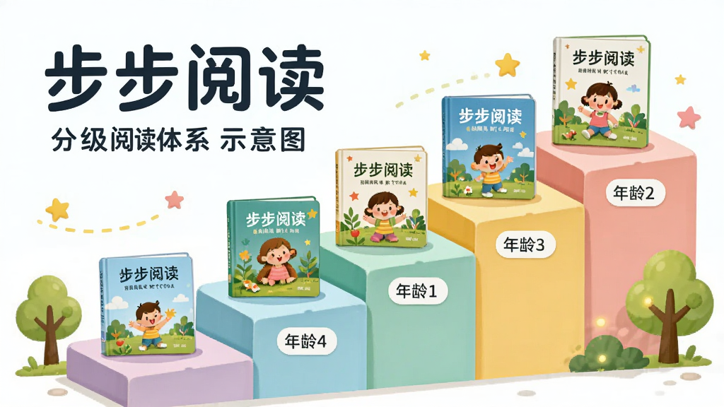 画面主体为“步步阅读”分级阅读体系示意图,布局采用阶梯式上升的彩色台阶,每级台阶上放置不同难度的绘本封面与年龄标签,排版从左下向右上延伸;风格为清新教育插画风,细节包括柔和色调、圆角卡片、阶梯旁点缀小树与星星;画质高清、干净、无多余元素