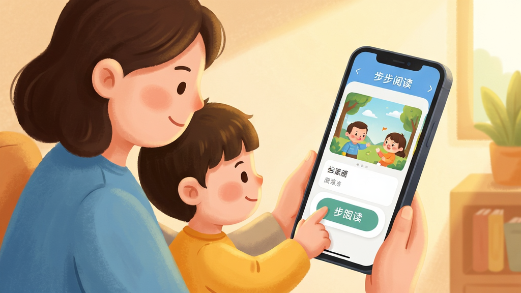 画面主体为“步步阅读”移动端使用场景,布局采用家长与孩子共同操作手机的侧视构图,手机屏幕显示绘本阅读页面与跟读按钮,排版人物居左屏幕居右;风格为温馨家庭插画风,细节包括柔和暖光、圆润人物造型、清晰的“步步阅读”界面元素;画质高清、干净、无多余元素