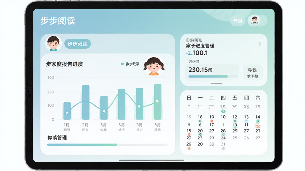 画面主体为“步步阅读”家长进度管理界面,布局采用平板设备展示阅读报告图表与孩子头像,排版为上下分区、图表居左数据居右;风格为简洁现代的UI展示风,细节包括柔和的蓝绿色调、圆角数据卡片、进度条与日历标记;画质高清、干净、无多余元素