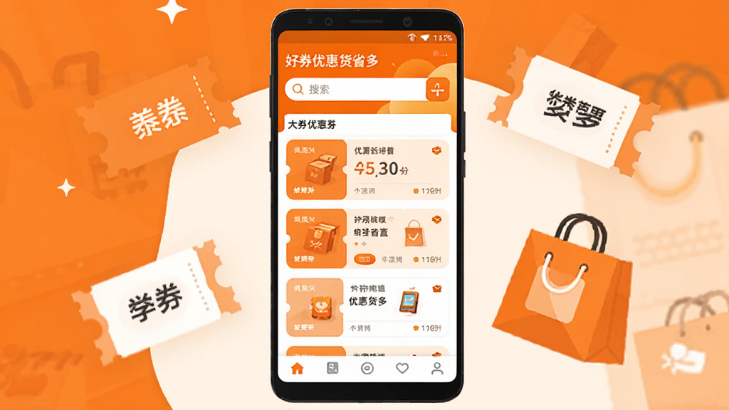 手机应用商店展示页面,画面中央是一部竖屏安卓手机,屏幕上显示“好券优惠货省多”应用主界面,界面包含搜索框、优惠券卡片列表和底部导航栏,手机两侧漂浮着优惠券图标和购物袋元素,整体采用明亮橙白色调,扁平化插画风格,细节清晰,画质干净,无多余元素