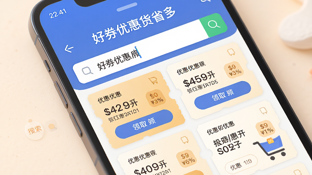 手机界面特写,屏幕显示“好券优惠货省多”搜索页面,搜索框中输入商品关键词,下方列出多条优惠券结果卡片,每张卡片标注优惠金额和领取按钮,画面采用柔和光线,扁平UI风格,布局整齐,细节清晰,画质干净,无多余元素