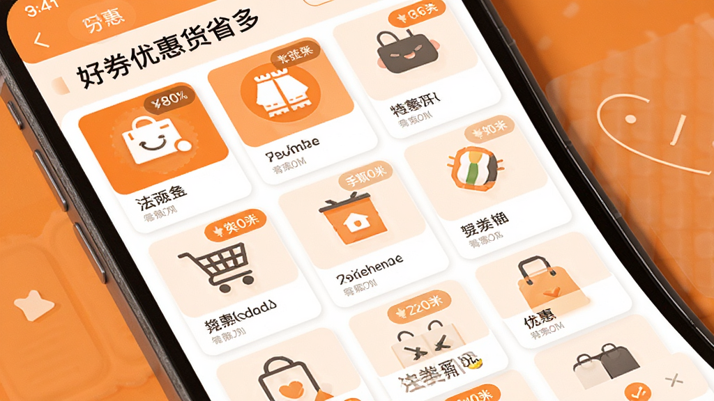 手机应用分类页面展示图,屏幕内呈现“好券优惠货省多”的分类网格布局,包含多个商品类目图标和优惠标签,配色为橙白相间,界面清爽,扁平化设计风格,细节丰富,画质干净,无多余元素