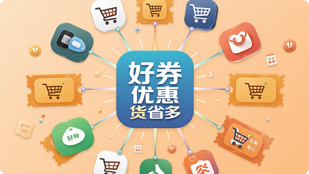 一张信息图风格的插画,画面中心是“好券优惠货省多”应用图标,四周放射状连接着多个购物平台图标和优惠券符号,背景为浅橙色渐变,布局对称清晰,风格简洁现代,细节精致,画质干净,无多余元素