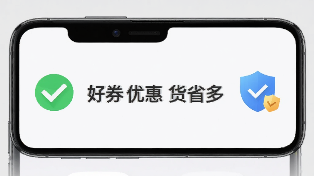 手机屏幕显示“好券优惠货省多”应用正常运行界面,旁边有一个绿色对勾图标和盾牌安全标识,背景为浅灰色,风格简洁明快,布局清晰,细节干净,画质清晰,无多余元素
