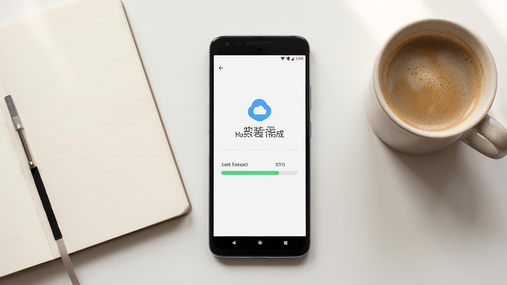 萌云云盘新手使用场景示意图,画面主体为一部安卓手机屏幕显示安装完成界面和文件上传进度条,旁边放置一个笔记本和一杯咖啡,布局为桌面俯视视角,风格生活化温馨,细节干净,画质清晰,无多余元素