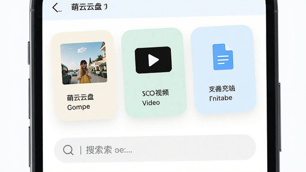 萌云云盘分类管理界面生图,画面主体为手机屏幕显示图片、视频、文档三个分类卡片并排排列,卡片下方有搜索框,布局上下结构,风格清新简约,浅色系配色,细节干净,画质高清,无多余元素