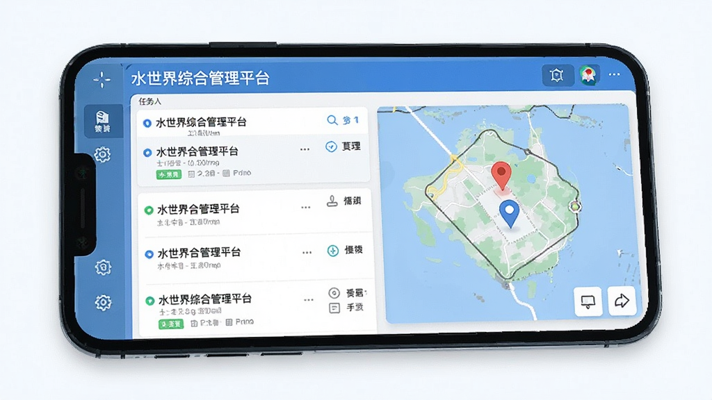 水世界综合管理平台工单调度界面展示图,画面为手机屏幕内显示任务列表与地图标记,布局规整,风格清爽,细节清晰,画质干净,无多余元素