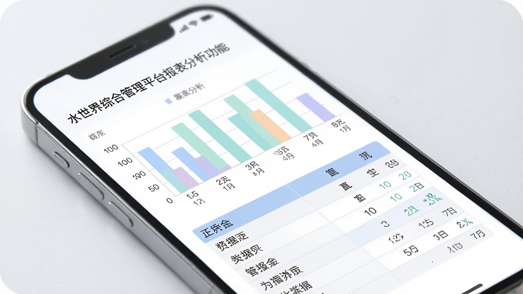 水世界综合管理平台报表分析功能展示图,画面为手机屏幕内呈现柱状图与数据表格,配色柔和,布局清晰,风格专业,细节丰富,画质干净,无多余元素