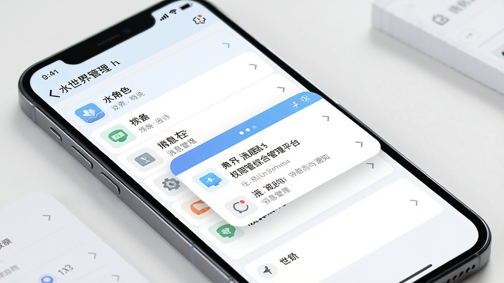 水世界综合管理平台权限管理与消息通知界面展示图,画面为手机屏幕内显示角色列表与消息弹窗,布局简洁,风格现代,细节清晰,画质干净,无多余元素