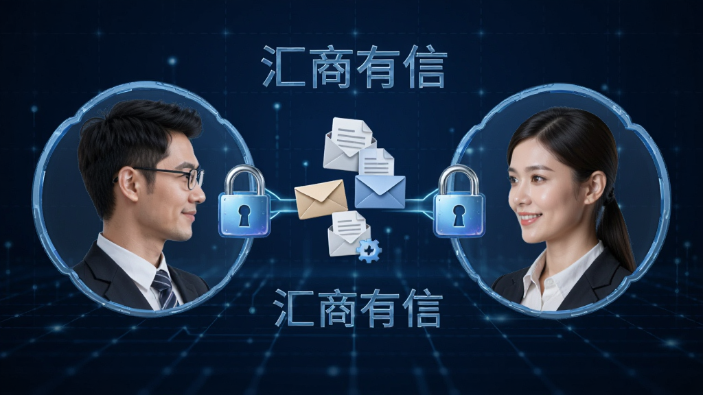 画面展示两个商务人士头像通过加密锁图标连接,中间传递信封与文档图标,背景为深蓝色科技感网格,风格简洁现代,布局居中对称,细节精致,画质清晰,无多余元素,图片中打文字“汇商有信”