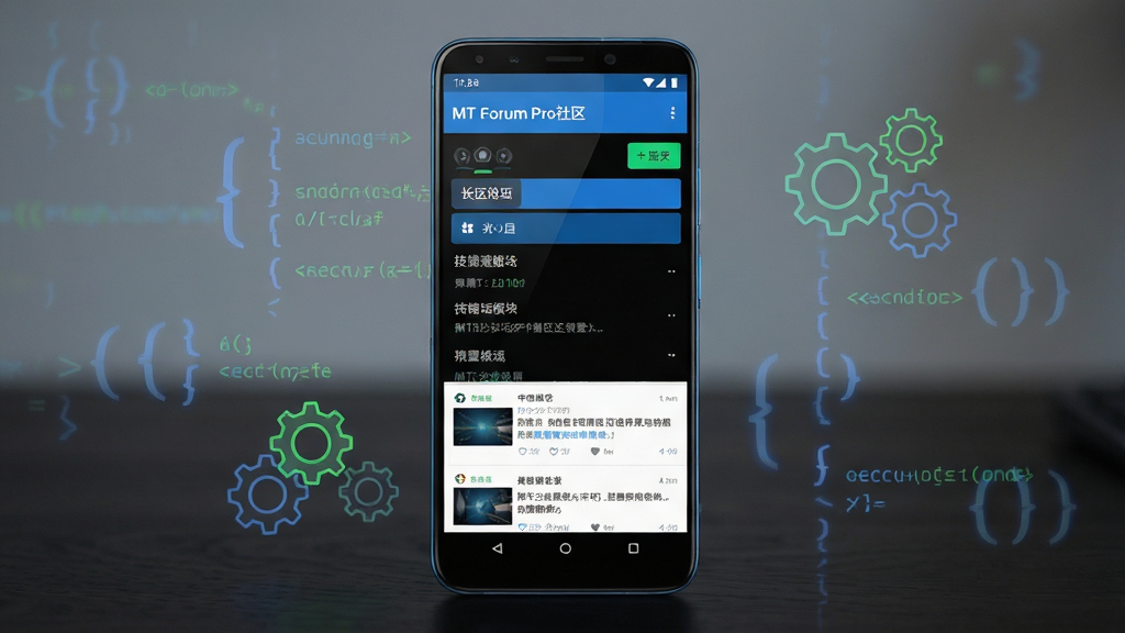 主体为一部安卓手机屏幕,屏幕中显示MT论坛Pro社区首页界面,包含技术板块列表与帖子缩略图;布局为手机居中放置于深色桌面背景上,周围有淡淡的代码字符与齿轮图标环绕;排版干净利落,界面元素对齐工整;风格为现代科技感扁平化设计,配色以蓝黑为主,点缀亮绿色;细节包含手机边框高光、屏幕内文字清晰可辨,背景虚化处理;画质为高清2K,画面干净无多余元素