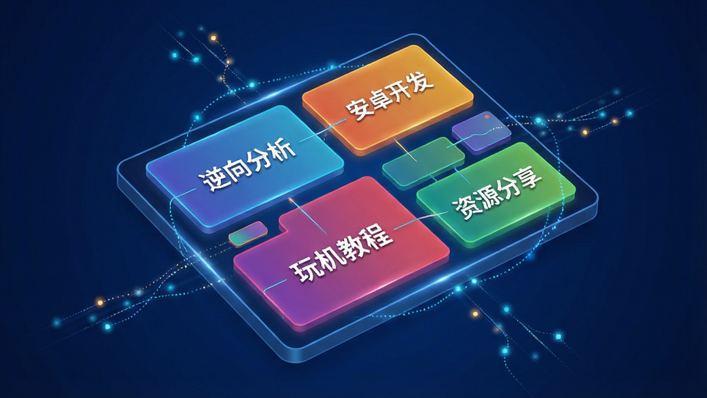 主体为一块悬浮的虚拟信息面板,面板上划分出多个彩色区块,分别标注“逆向分析”“安卓开发”“玩机教程”“资源分享”等字样;布局为面板呈45度倾斜悬浮于深蓝色背景中,各区块之间用细线连接;排版为区块大小错落有致,文字居中对齐;风格为科技信息图表风格;细节包含区块边缘发光、连接线带有流动光点;画质为高清,画面干净无多余元素