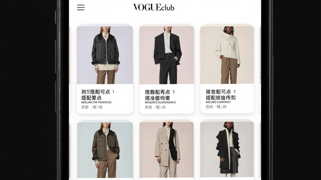一张VOGUEclub智能穿搭推荐功能的界面示意图,画面展示手机屏幕内排列多套不同风格的服装搭配卡片,卡片上标注搭配要点,整体风格清新时尚,色彩柔和,布局整齐,画质清晰,干净无多余元素