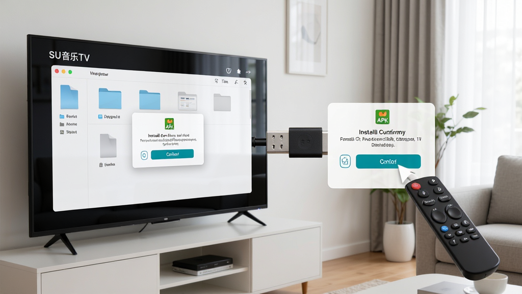 SU����TV��װ����ʾ��ͼ������չʾ������Ļ�Բ���U�̣���Ļ����ʾ�ļ�������������APK��װȷ�ϵ�����ң����ָ��ȷ�ϰ�ť������������࣬���дʵ���������ʸɾ����޶���װ��Ԫ��